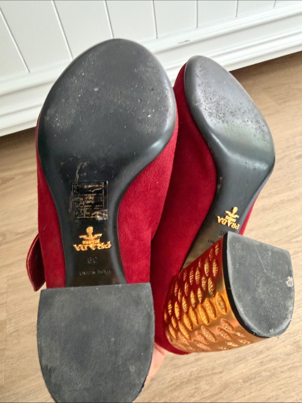 Prada Red Suede Mary Jane Heels with Gold Studs and Sculpted Heel - Picture 5 of 13
